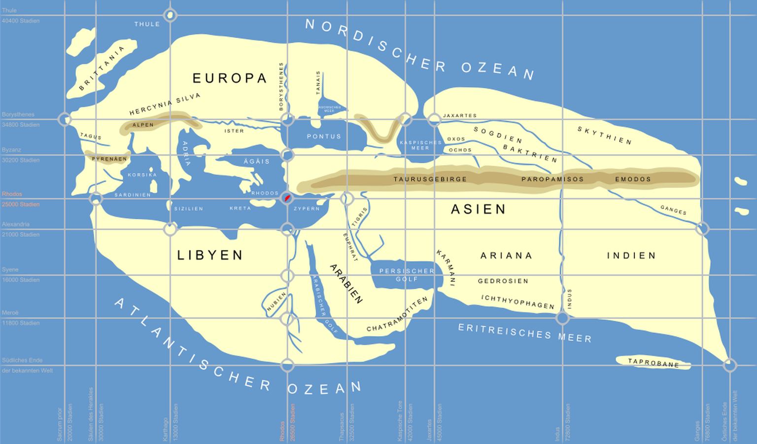 Rekonstruktion der Weltkarte von Eratosthenes
https://de.m.wikipedia.org/wiki/Datei:Eratosthenes_world_map_%28German_text%29_SVG.svg