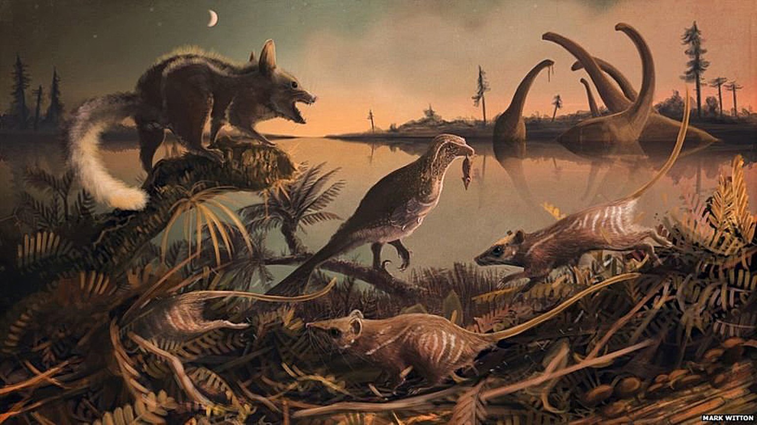 Die englische Küste vor 145 Millionen Jahren: Die Säugetiere&nbsp;<em>Durlstodon </em>(links vorn) und <em>Durlstotherium</em> (rechts und Mitte vorn) bewegen sich in einer von Dinosauriern beherrschten Welt.&nbsp;