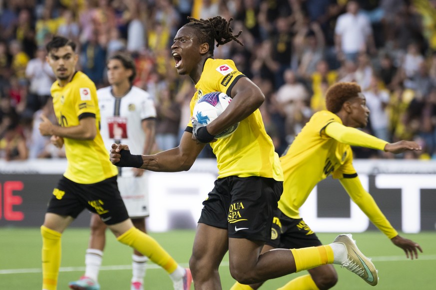 KEYPIX - Kaly Sene (YB) jubelt nach dem Tor zum 3-3 im Super League Spiel zwischen dem BSC Young Boys und dem FC Luzern, am Samstag, 5. September 2026 im Stadion Wankdorf in Bern. (KEYSTONE/Peter Klau ...