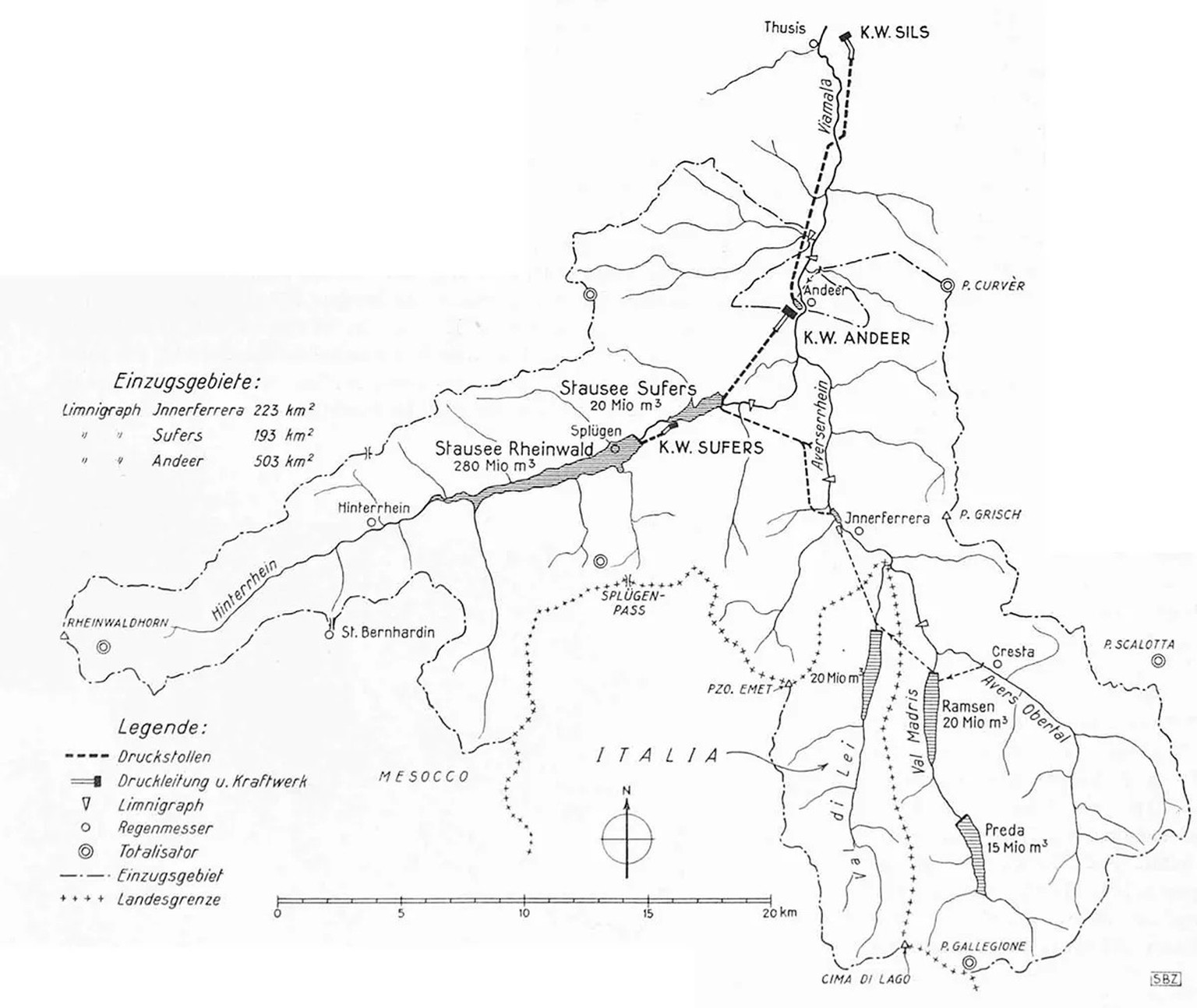 Der geplante Rheinwald-Stausee hätte das Dorf Splügen unter Wasser gesetzt. Das zeigt der Plan von 1942.
https://commons.wikimedia.org/wiki/File:Hinterrhein-Kraftwerke_Dreistufenprojekt_1942_%C3%9Cber ...