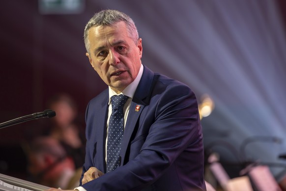 Swiss Foreign Minister Ignazio Cassis delivers his statement, during the 34th International Conference of the Red Cross and Red Crescent in Geneva, Switzerland, Monday, October 28, 2024. (KEYSTONE/Sal ...