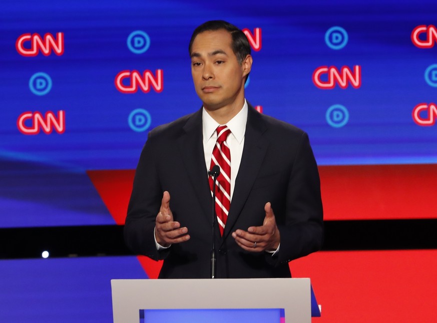 Former Housing the Urban Development Secretary Julian Castro participates in the second of two Democratic presidential primary debates hosted by CNN Wednesday, July 31, 2019, in the Fox Theatre in Det ...