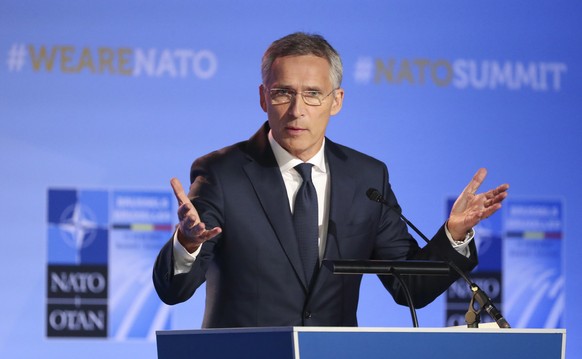 epa06880858 NATO Secretary General Jens Stoltenberg gives a press conference at the end of the North Atlantic Council during a NATO Summit in Brussels, Belgium, 11 July 2018. NATO member countries&#03 ...