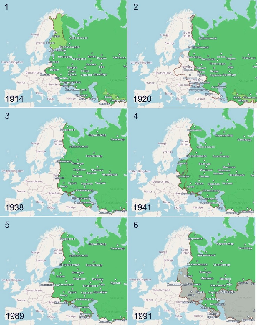 Karte der territorialen Ausdehnung in Europa des Russischen Kaiserreichs um 1914 (1), Sowjetrusslands um 1920 (2), der Sowjetunion um 1938 (3), 1941 (4) und 1989 (5) sowie Russlands um 1991 (6).
https ...