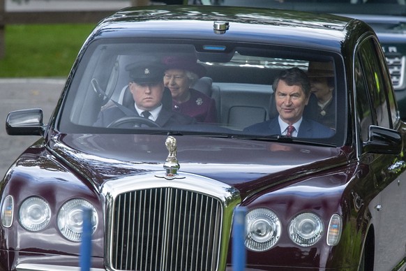 Britain's Queen Elizabeth, back left, and the Princess Anne arrive at Crathie Kirk in Scotland for a Sunday morning church service, Sunday, Sept. 1, 2019. (John Linton/PA via AP)