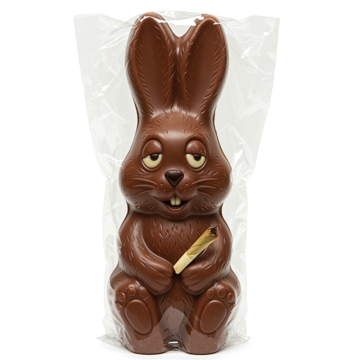 a chocolate bunny for Easter. The chocolate bunny smokes a joint and has exhausted eyes. It is packed in cellophane. The background is white.