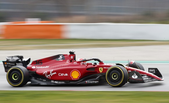 Ferrari driver Charles Leclerc of Monaco steers his car during a Formula One pre-season testing session at the Catalunya racetrack in Montmelo, just outside of Barcelona, Spain, Friday, Feb. 25, 2022. ...