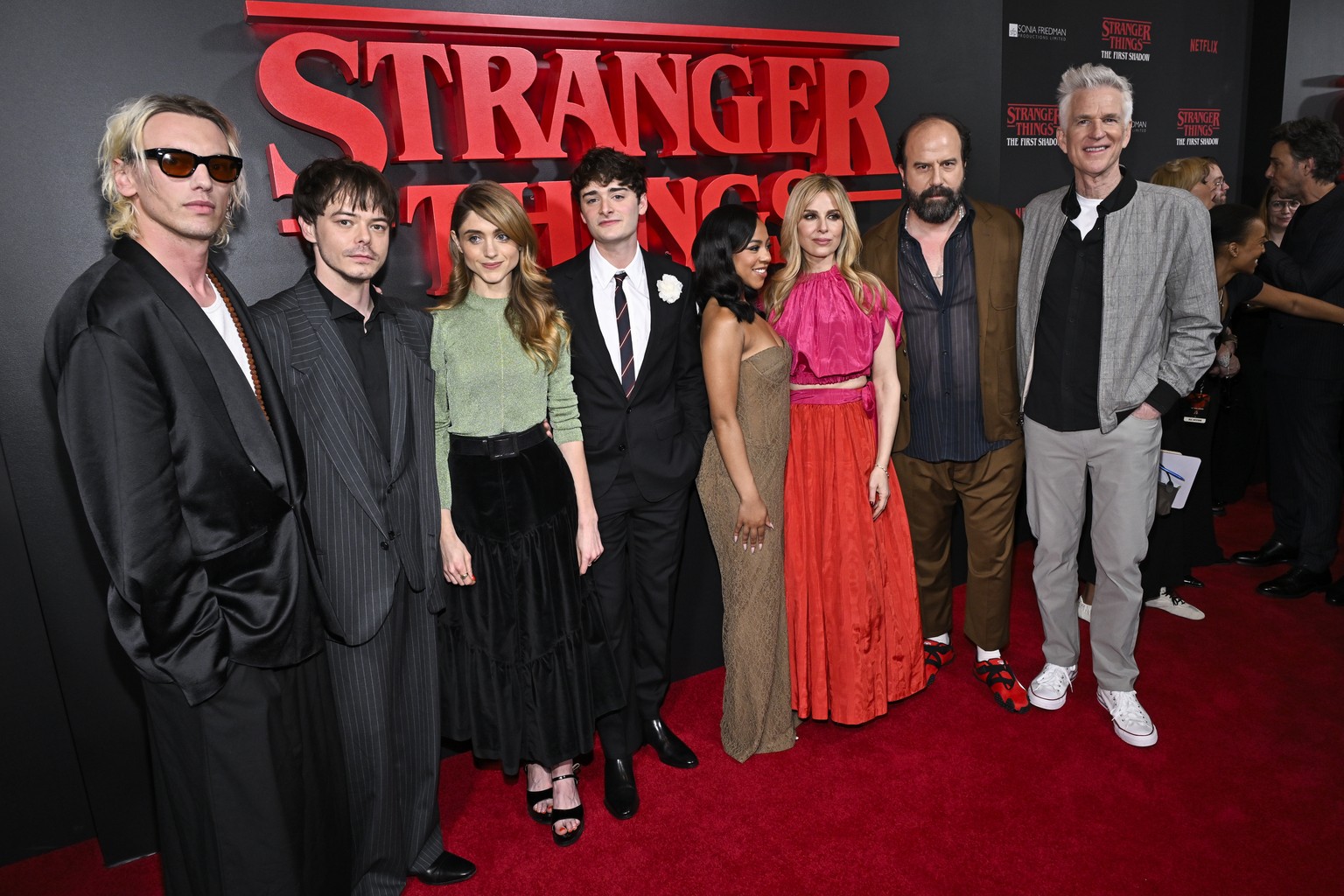 Jamie Campbell Bower, from left, Charlie Heaton, Natalie Dyer, Noah Schnapp, Priah Ferguson, Cara Buono, Brett Gelman, and Matthew Modine attend &quot;Stranger Things: The First Shadow&quot; Broadway  ...