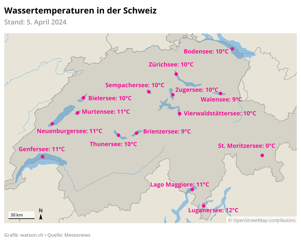 Wassertemperaturen Schweiz, 5. April 2024