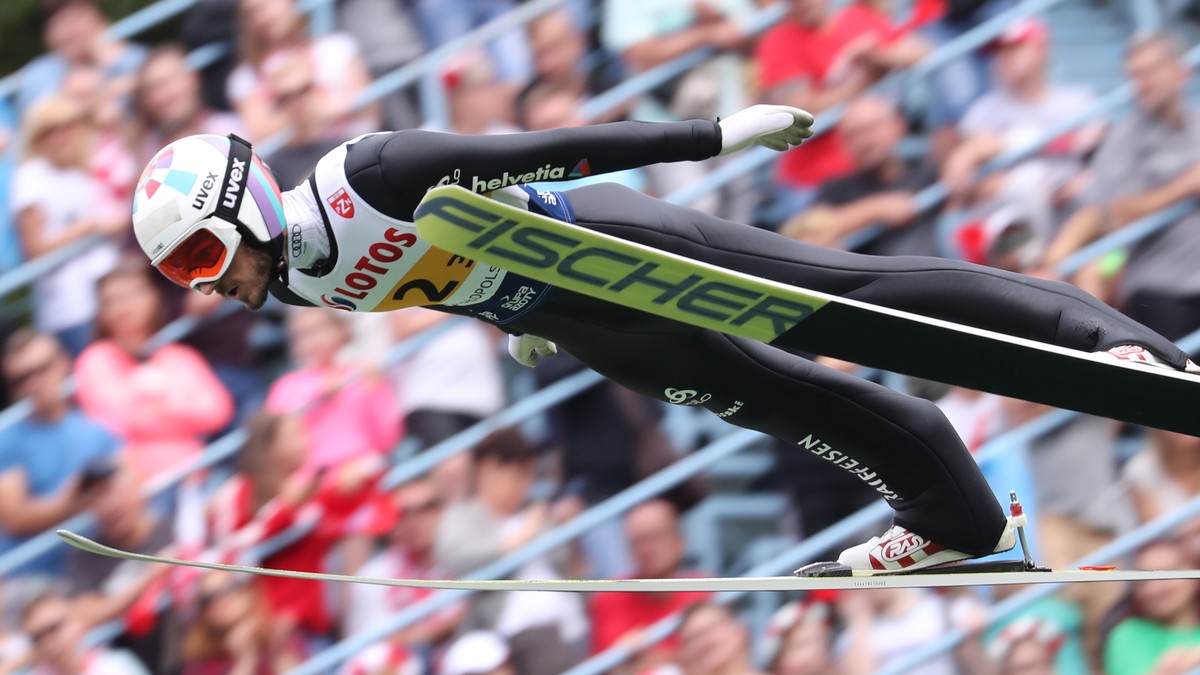epa07777720 Killian Peier from Switzerland in action during the Men's Team competition at the FIS summer ski jumping Grand Prix in Zakopane, Poland, 17 August 2019. EPA/Grzegorz Momot POLAND OUT
