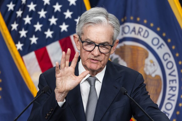 epa10953260 US Federal Reserve Board Chairman Jerome Powell delivers remarks after the Fed refrained from raising interest rates following its two-day conference at the Federal Reserve in Washington,  ...