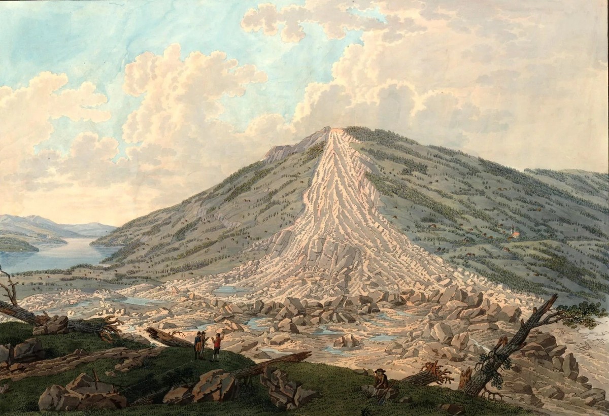 En 1806, un éboulement provoqua une vague de crue dans le lac de Lauerz. Cet événement demeure l’une des plus grandes catastrophes naturelles de Suisse.
https://www.britishmuseum.org/collection/object ...