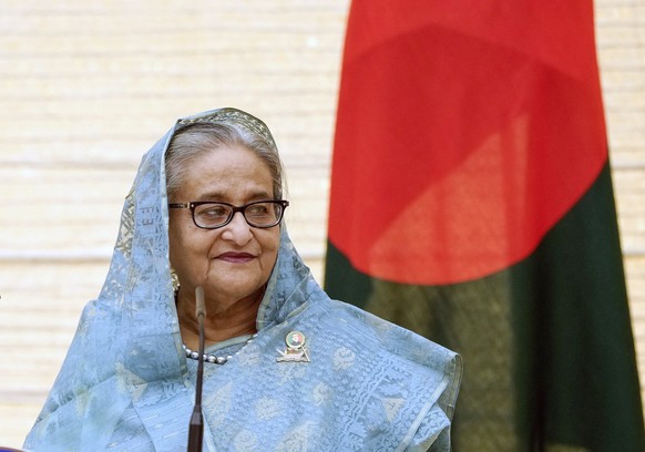 epa10592123 Bangladeshi Prime Minister Sheikh Hasina holds a joint press conference with her Japanese counterpart at the latter&#039;s official residence in Tokyo, Japan, 26 April 2023. This is Hasina ...