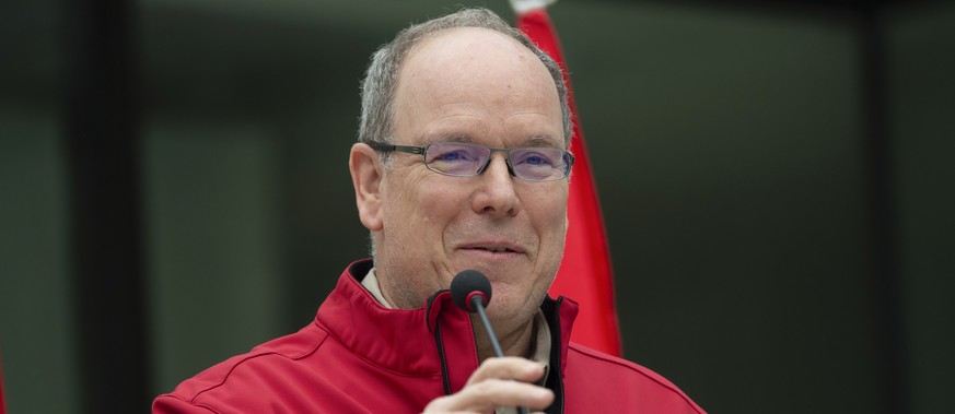 epa10246988 Prince Albert II of Monaco delivers a speech during his visit to the cave areas of Puente Viesgo town, Cantabria region, northern Spain, 16 October 2022. Prince Albert II tours in Europe t ...
