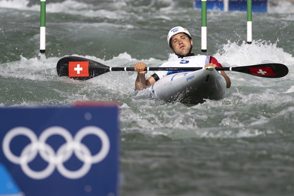 Martin Dougoud of Switzerland reacts after crossing the finish line during the men&#039;s canoe slalom final at the 2024 Paris Summer Olympics, at the Nautical St - Whitewater Stadium, in Vaires-sur-M ...