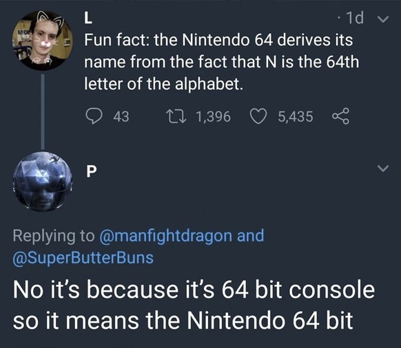 «Fun Fact: Nintendo 64 heisst so, weil N der 64. Buchstabe im Alphabet ist». Die Antwort: «Nein, N64 kommt von Nintendo 64 Bit (Konsole).»