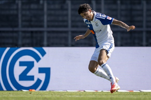 Der Torschuetze Luke Plange (GC) jubelt nach dem Tor zum 1:0 bei dem Spiel der Fussball Super League zwischen dem Grasshopper Club Zuerich (GC) und dem FC Lugano (FCL) am Sonntag, 2. August 2026 im St ...