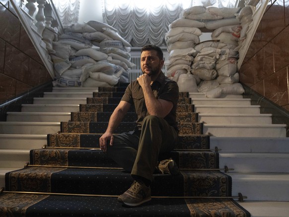 FILE - Ukrainian President Volodymyr Zelenskyy speaks during an interview with The Associated Press at his office in Kiev, Ukraine, on April 9, 2022. Time Magazine on Wednesday Dec.  December 7, 2022 called Zele...