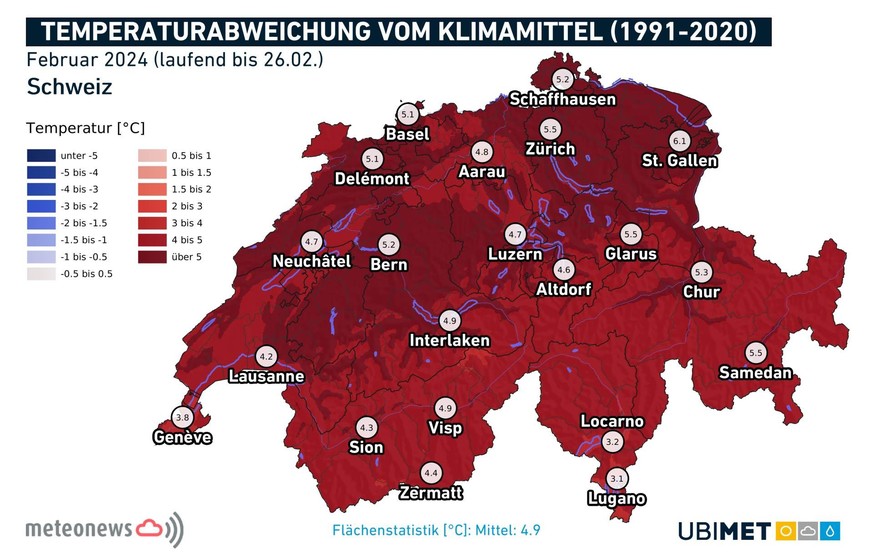 Temperaturabweichung bis zum 26. Februar im Vergleich zum langjährigen Mittel 1991-2020.