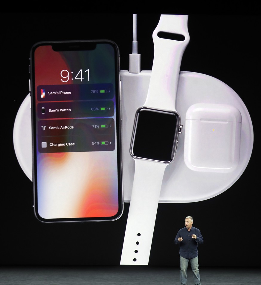 Phil Schiller, Apple&#039;s senior vice president of worldwide marketing, discusses features of the new AirPower product at the Steve Jobs Theater on the new Apple campus on Tuesday, Sept. 12, 2017, i ...