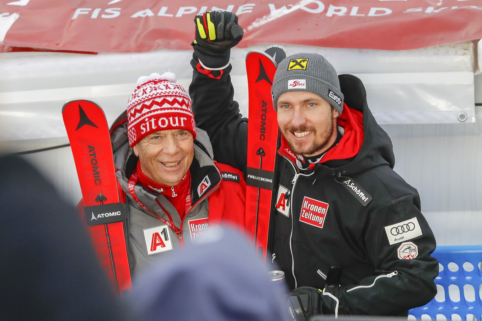 epa07377315 Marcel Hirscher of Austria (R) celebrates with Peter Schroecksnadel, President of the Austrian Ski Federation, after winning the Men&#039;s Slalom race at the 2019 FIS Alpine Skiing World  ...