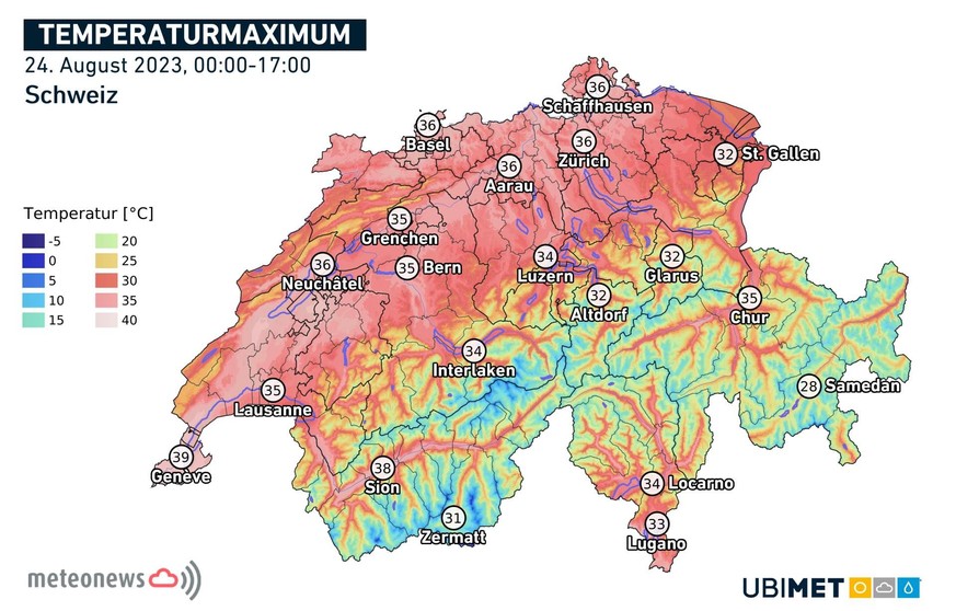 Temperaturmaximum, Höchsttemperaturen Schweiz 24. August 2023