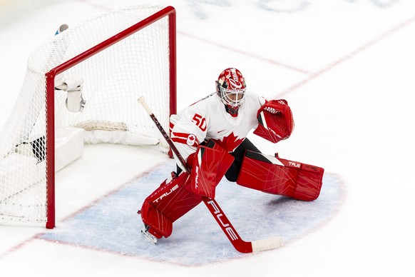Canada's goaltender Jordan Binnington in action, during the men's group A preliminary round game between Czech Republic and Canada at the 2026 Olympic Winter Games in Milan Santagiulia Ice H ...