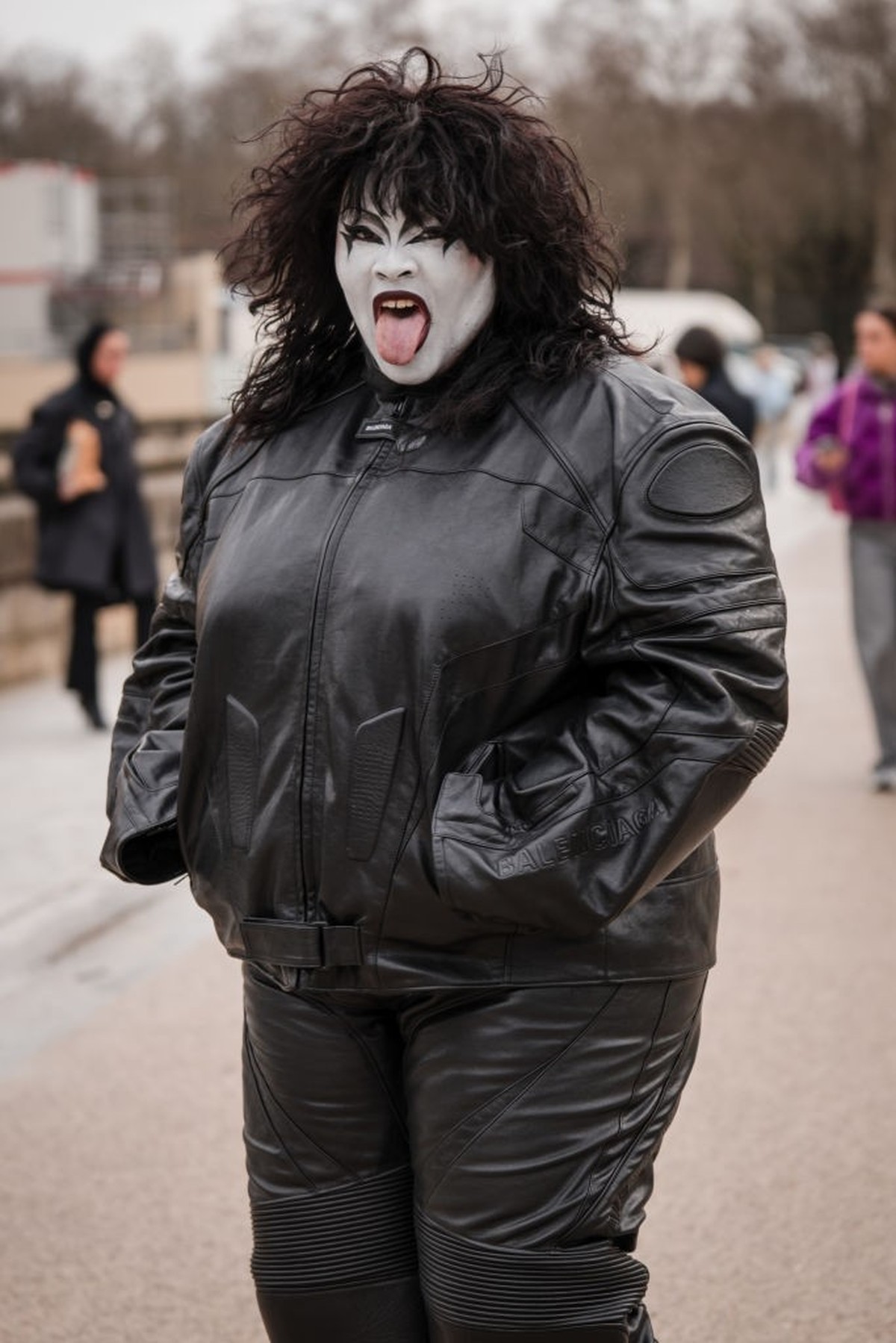 PARIS, FRANCE - MARCH 03: Yseult Onguenet wears black Balenciaga leather jacket, matching leather pants, outside Balenciaga, during the Womenswear Fall/Winter 2024/2025 as part of Paris Fashion Week o ...
