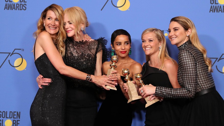 epa06424341 (L-R) Laura Dern, Nicole Kidman, Zoe Kravitz, Reese Witherspoon and Shailene Woodley pose with the Best Television Limited Series or Motion Picture Made for Television award for &#039;Big  ...