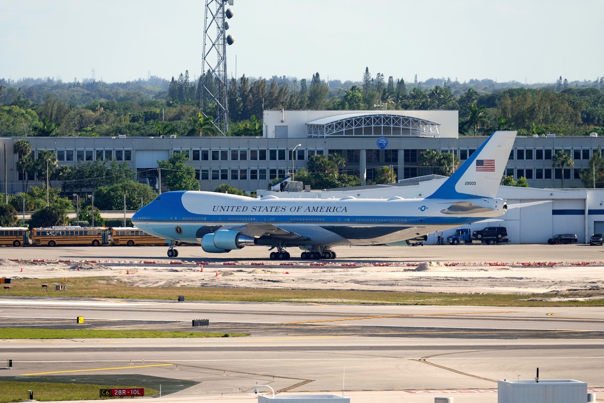 FILE - Air Force One with President Donald Trump on board departs from Palm Beach International Airport, April 6, 2025, in West Palm Beach, Fla. (AP Photo/Alex Brandon, File)
Donald Trump