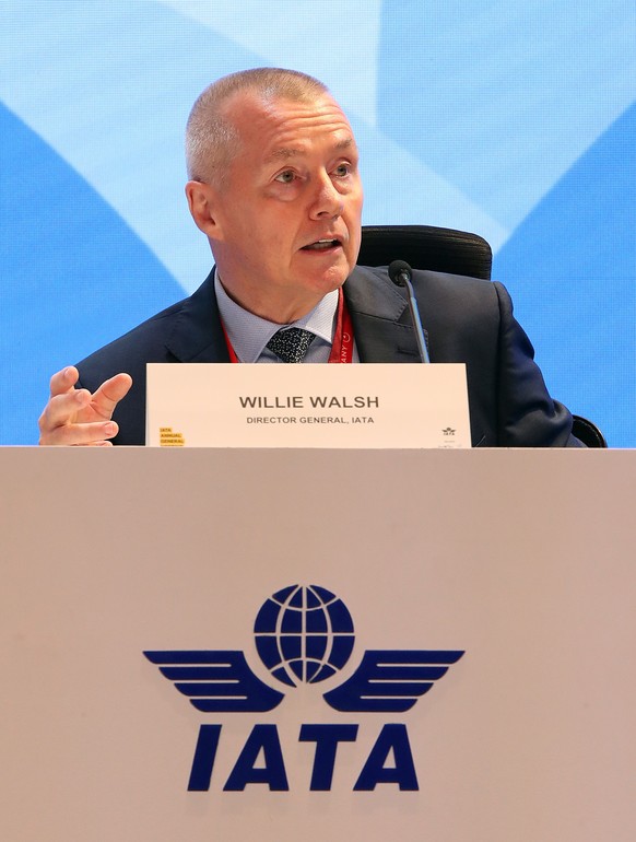 epa12150669 International Air Transport Association (IATA) Director General Willie Walsh speaks at a press conference during the IATA annual general meeting and World Air Transport Summit (WATS) in Ne ...