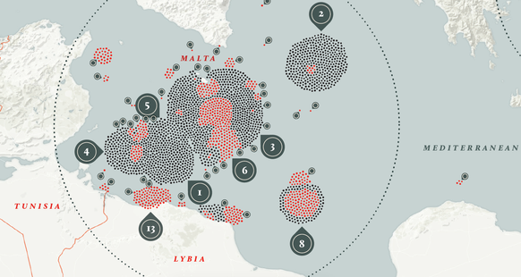 ... und im Seegebiet zwischen Libyen und Malta und Sizilien verschwanden die meisten Migranten. Grosse Vorfälle sind mit Zahlen markiert.