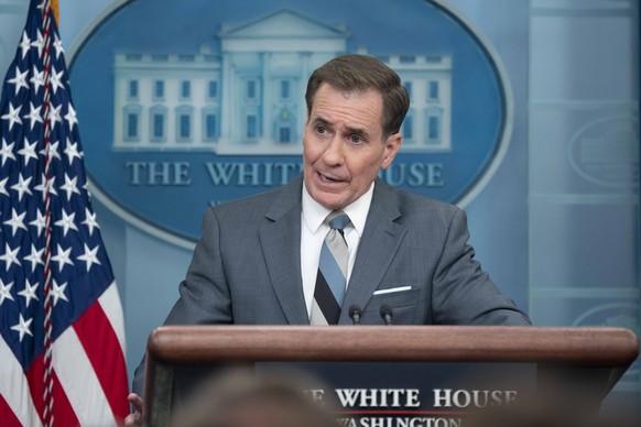 epa10537484 National Security Advisor for Strategic Communications John Kirby particiaptes in a news briefing during which he discussed the situation in Ukraine and US President Joe Biden&#039;s upcom ...