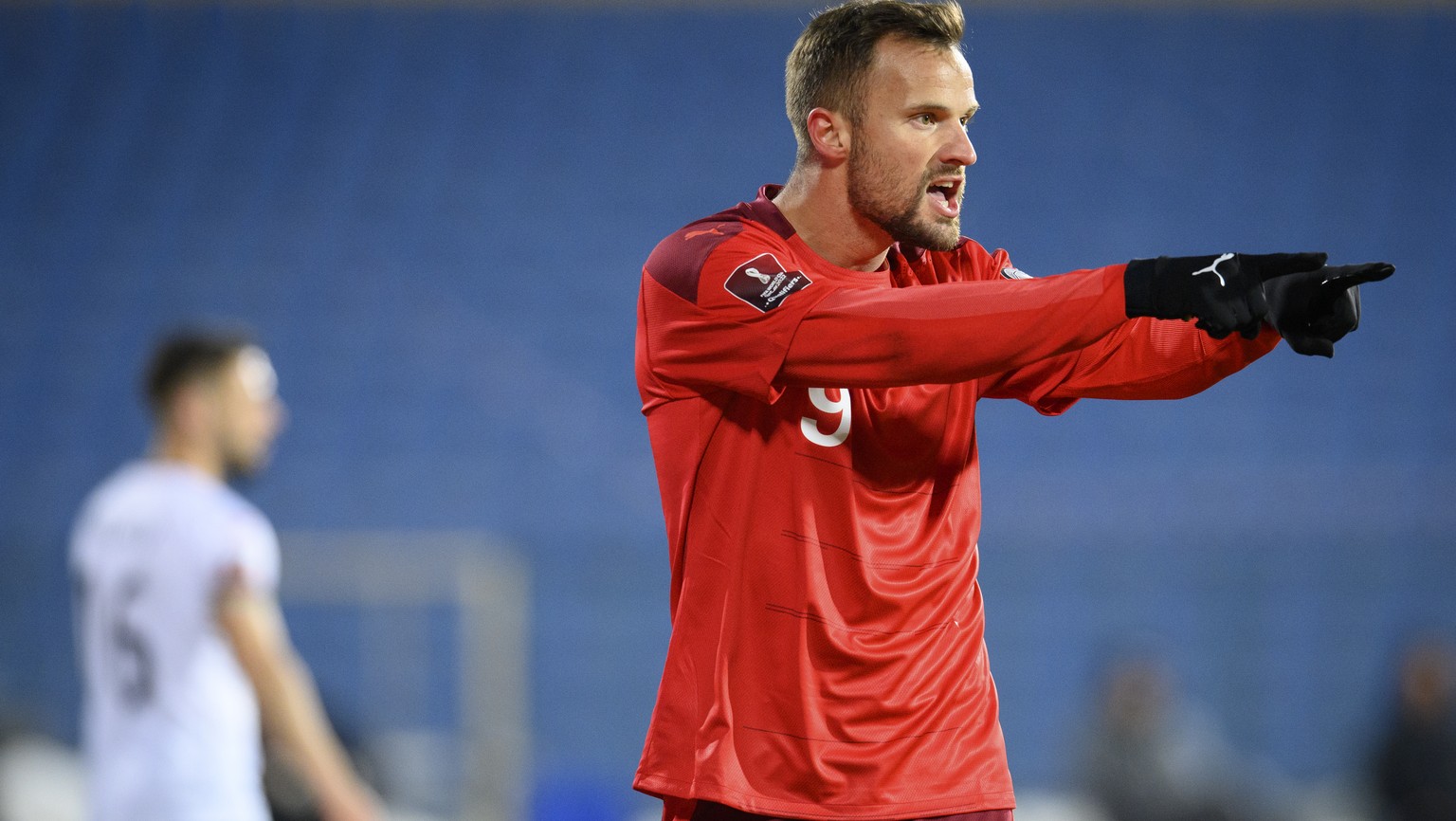 Switzerland&#039;s forward Haris Seferovic, celebrates after scoring (2-0), during the closed door FIFA World Cup Qatar 2022 qualifying Group C soccer match between Bulgaria and Switzerland during the ...