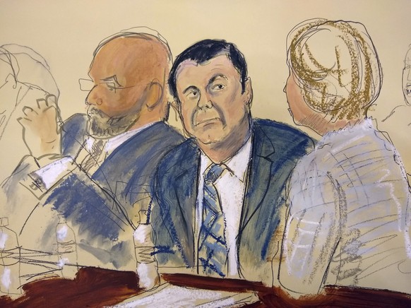 FILE - In Nov. 13, 2018 file courtroom drawing, Joaquin &quot;El Chapo&quot; Guzman, center, sits next to his defense attorney Eduardo Balarezo, left, for opening statements as Guzman&#039;s high-secu ...