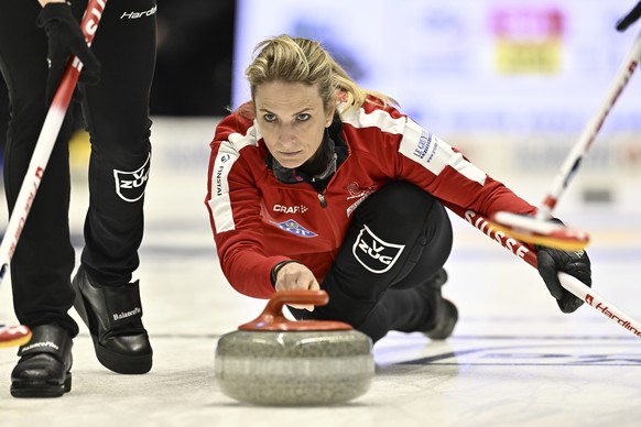 Switzerland&#039;s Silvana Tirizoni in action during the round robin session 1 match between Switzerland and Japan of the Women&#039;s World Curling Championship at Goransson Arena in Sandviken, Swede ...