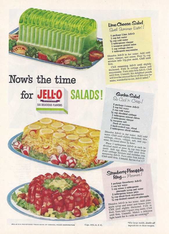 vintage jello recipes from hell sulz sülze glibber aspik essen food kochen retro https://www.pinterest.ch/pin/380976449699867052/