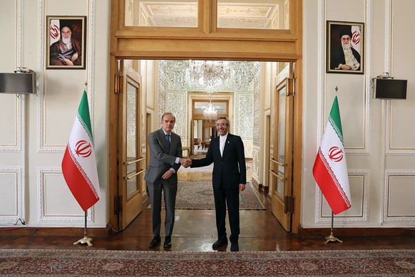 In this photo released by the Iranian Foreign Ministry, Enrique Mora, the European Union coordinator of talks to revive Iran&#039;s nuclear accord with world powers, left, shakes hands with Iran&#039; ...