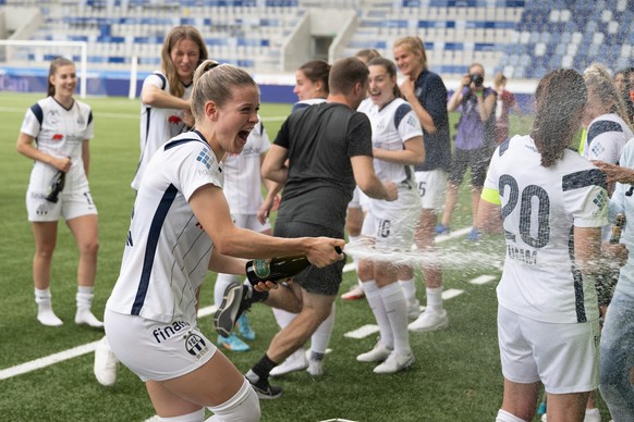 Zurich&#039;s defender Nadine Riesen, celebrates during the Women�s Super League of Swiss Championship Playoff Final soccer match between Servette FC Chenois Feminin and FC Zuerich, at the Stade de la ...