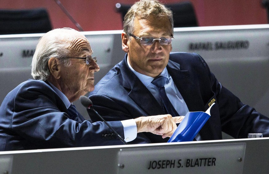 epa05099585 (FILE) A file picture dated 29 May 2015 of FIFA President Joseph Blatter (L) speaking with FIFA Secretary General Jerome Valcke (R) during the 65th FIFA Congress in Zurich, Switzerland. Me ...