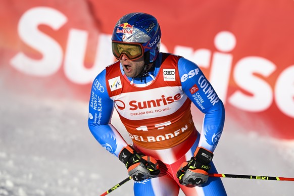 epa11820062 Alexis Pinturault of France reacts in the finish area during the second run of the men&#039;s Giant Slalom race at the FIS Alpine Skiing World Cup stop in Adelboden, Switzerland, 12 Januar ...