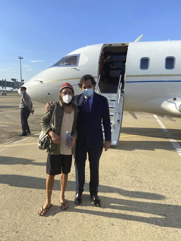 In this photo provided by the Richardson Center, former U.S. Ambassador to the U.N. Bill Richardson, right, poses with journalist Danny Fenster in Naypyitaw, Myanmar, Monday, Nov. 15, 2021. Richardson ...
