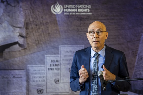 UN High Commissioner for Human Rights Volker Turk (Tuerk), speaks to the media, at the Office of the United Nations High Commissioner for Human Rights (OHCHR) Palais Wilson, in Geneva, Switzerland, We ...
