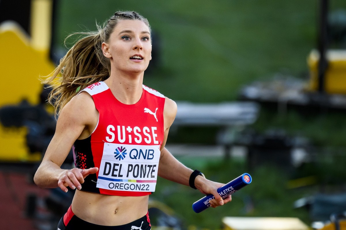 Ajla Del Ponte of Switzerland reacts for the women's 4x100 meters relay final during the IAAF World Athletics Championships, at the Hayward Field stadium, in Eugene, United States, Saturday, July ...