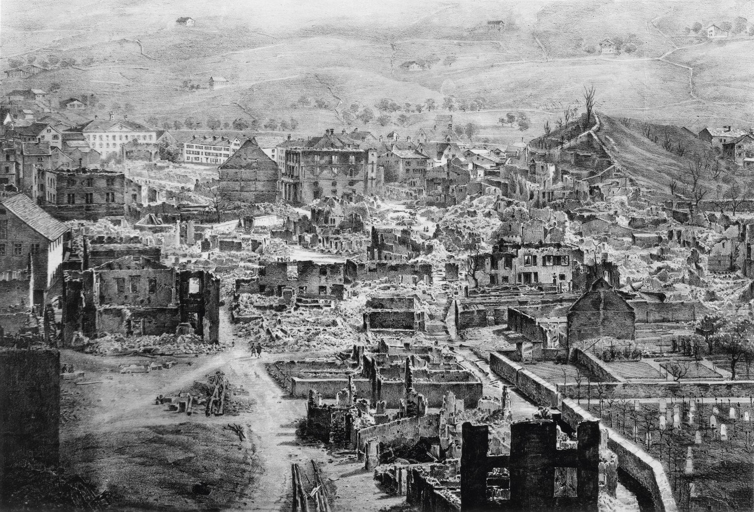 Glarus nach dem Brand von 1861. Das verheerende Feuer sei bis über den Bodensee hinaus zu sehen gewesen, berichten Zeitzeugen.