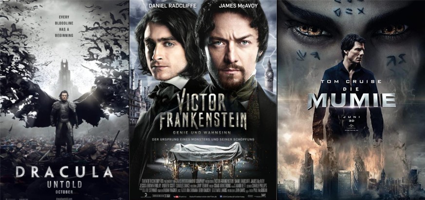 Die drei Filme, mit denen Universal versuchte, das Universal Dark Universe zu starten. Die Filme floppten und das Bestreben, das Universe zum Laufen zu bringen, wurde eingestellt.