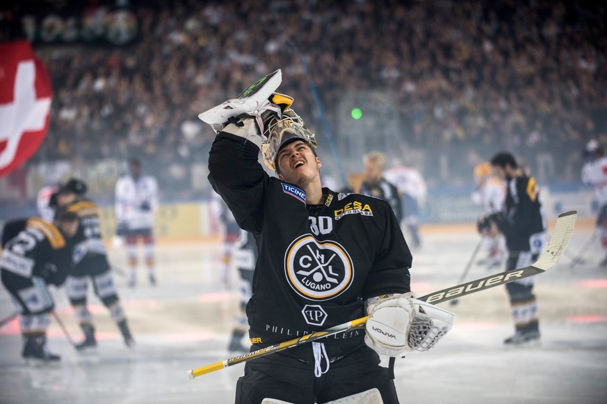 Lugano&#039;s goalkeeper Elvis Merzlikins during the third match of the playoff final of the National League of the ice hockey Swiss Championship between the HC Lugano and the ZSC Lions, at the ice st ...