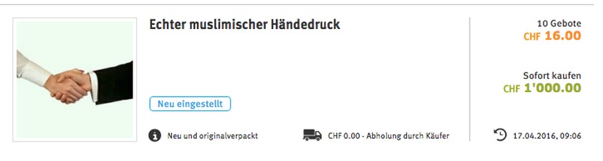 Das Ricardo-Inserat. Neu und originalverpackt: Echter muslimischer Händedruck.