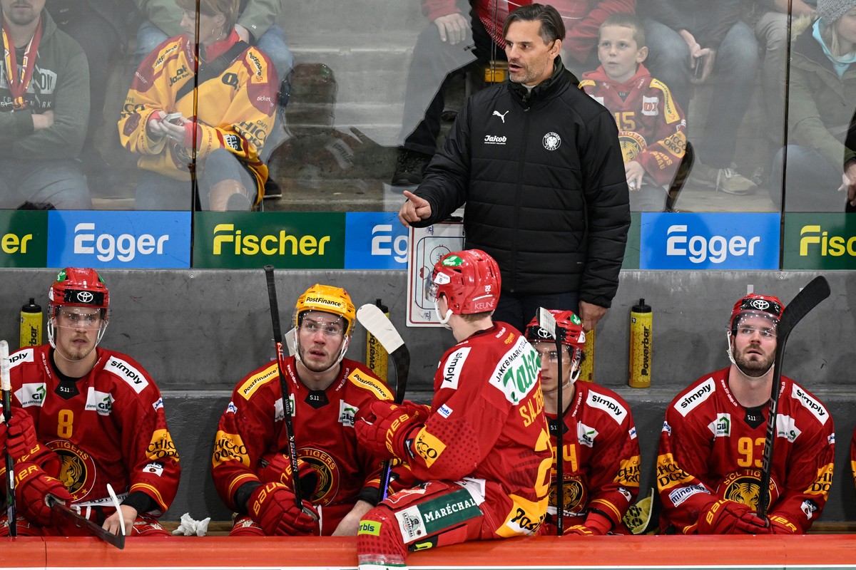 Tigers Head Coach Thierry Paterlini, Mitte, beim Eishockey-Qualifikationsspiel der National League zwischen den SCL Tigers und dem HC Lugano, am Samstag, 14. Oktober 2023, in der Emmental Versicherung ...