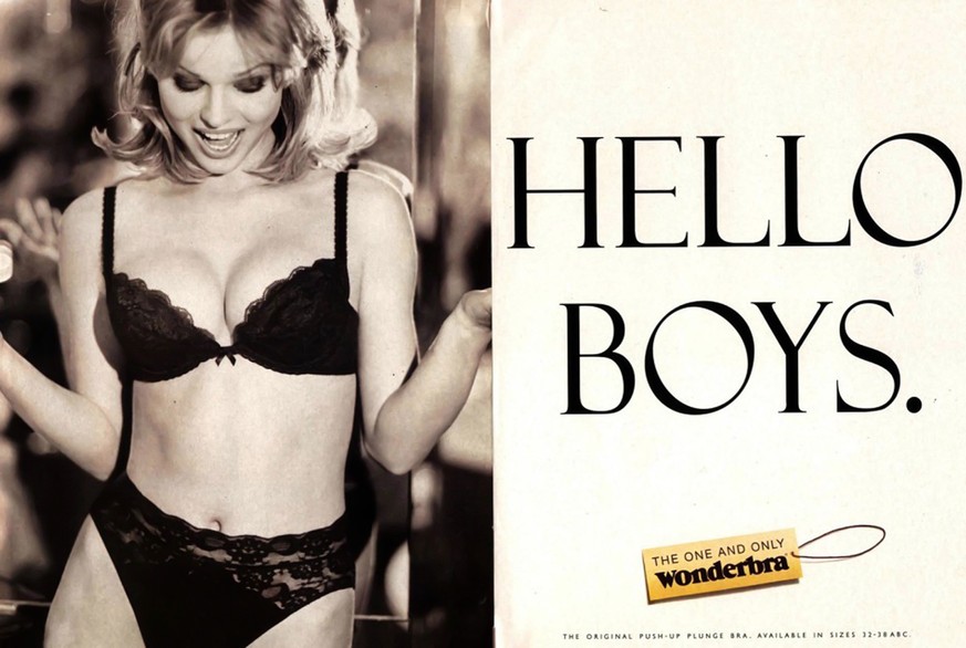 CLASSIC COMMERCIALS. 1994.Eva Herzigova in the classic 1994 billboard and magazine commercial for the lingerie brand Wonderbra with the caption &quot;Hello Boys&quot;. (©Wonderbra).Captioned 13 Marc ...